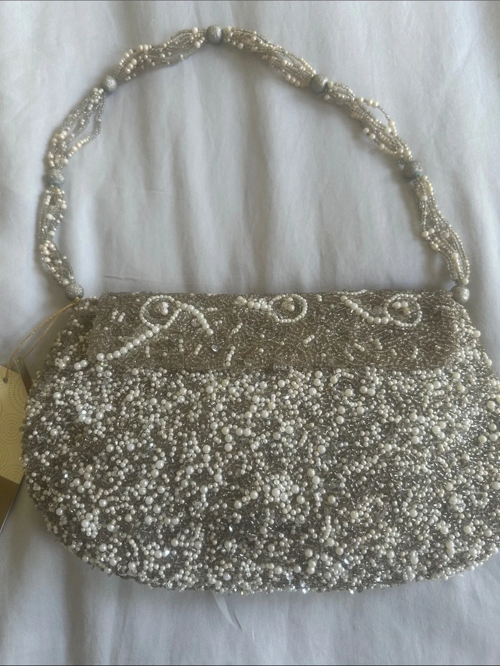 Pearl Beaded Evening Clutch Bag - Cream/Gold